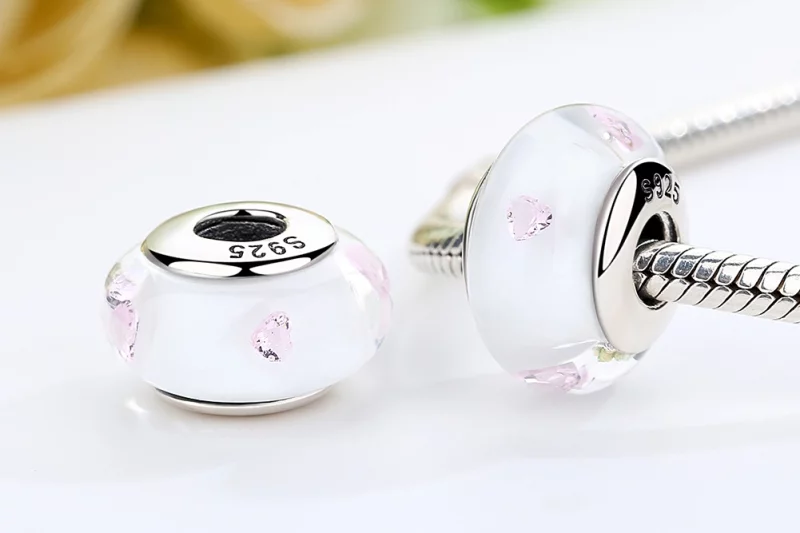(image pour) Charme en verre de Murano blanc de style Pandora avec des pierres roses - SCZ004 - Afficher 7