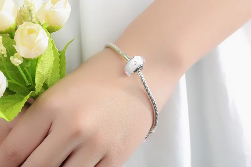 (image pour) Charme en verre de Murano blanc de style Pandora avec des pierres roses - SCZ004 - Afficher 10