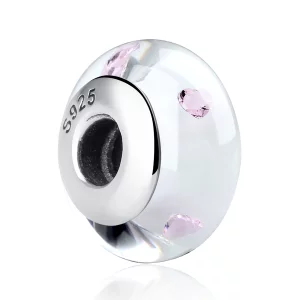 Charme en verre de Murano blanc de style Pandora avec des pierres roses - SCZ004 (image pour) Charme en verre de Murano blanc de style Pandora avec des pierres roses - SCZ004