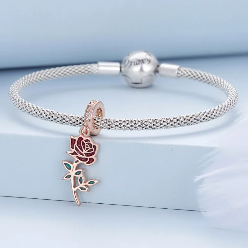 (image pour) Boucle d'oreille pendante en forme de rose rouge de style Pandora - BSC642 - Afficher 3