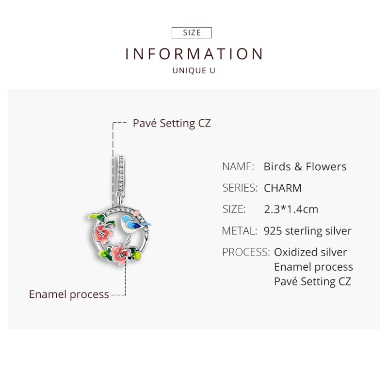 (image pour) Charm Pendant Style PANDORA Oiseaux & Fleurs - SCC1726 - Afficher 8