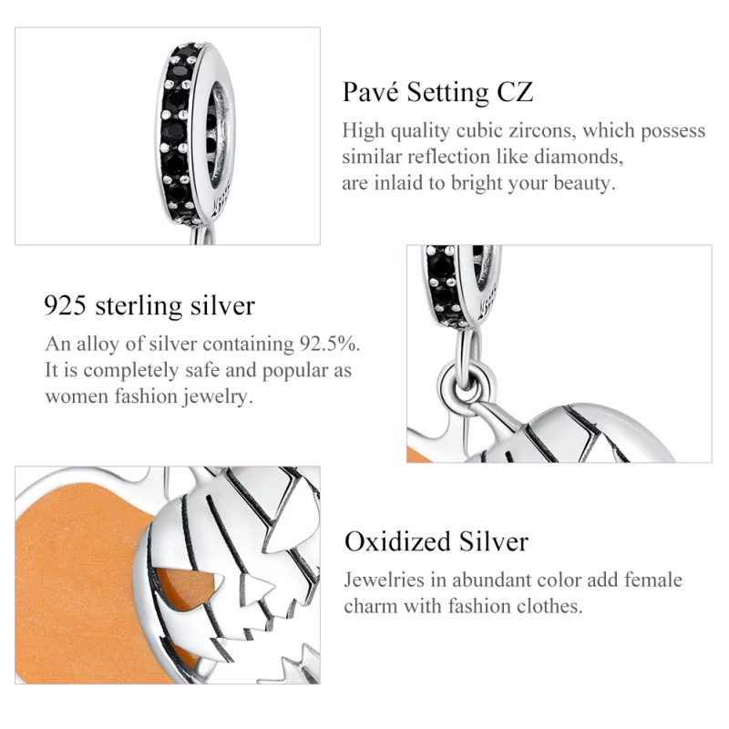 (image pour) Charm Pendant Style PANDORA Visage souriant de citrouille maléfique d'Halloween - Afficher 5