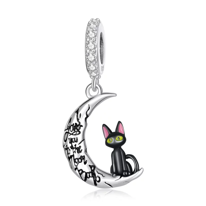(image pour) Pendentif chat noir lune de style Pandora - SCC2218