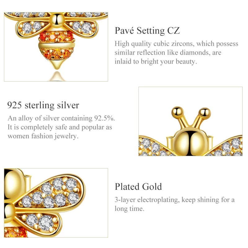 (image pour) Clous d'Oreilles Style PANDORA Abeille Reiki - SCE344-B - Afficher 3