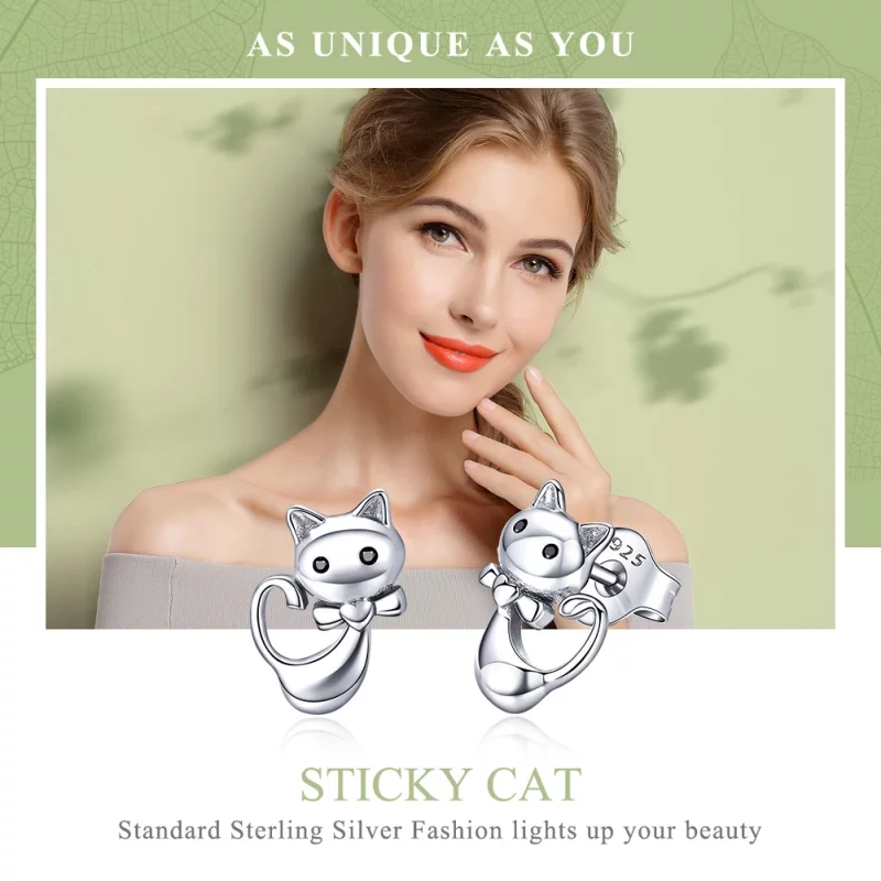 (image pour) Clous d'Oreilles Style PANDORA Chat collant - SCE450 - Afficher 2