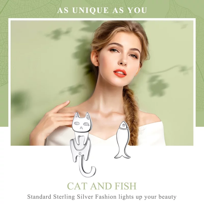 (image pour) Clous d'Oreilles Style PANDORA Chat et poisson - SCE488 - Afficher 2