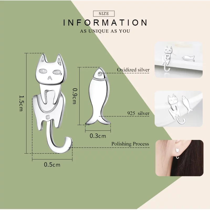 (image pour) Clous d'Oreilles Style PANDORA Chat et poisson - SCE488 - Afficher 3
