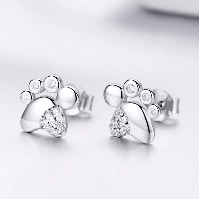 (image pour) Clous d'Oreilles Style PANDORA Empreintes de pas mignonnes de chaton anti-allerg - Afficher 2