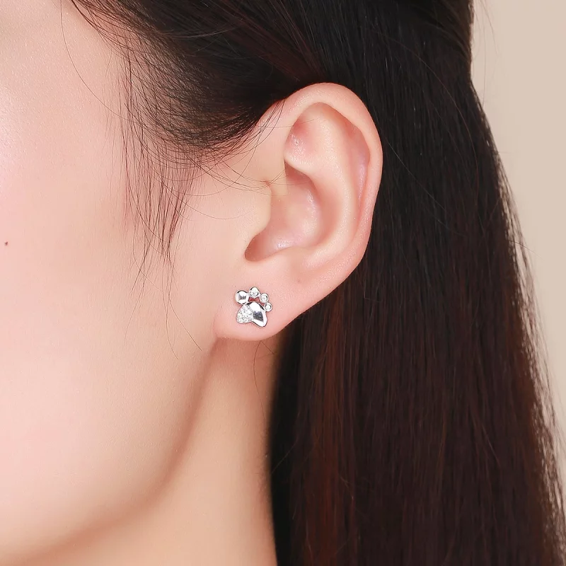 (image pour) Clous d'Oreilles Style PANDORA Empreintes de pas mignonnes de chaton anti-allerg - Afficher 5