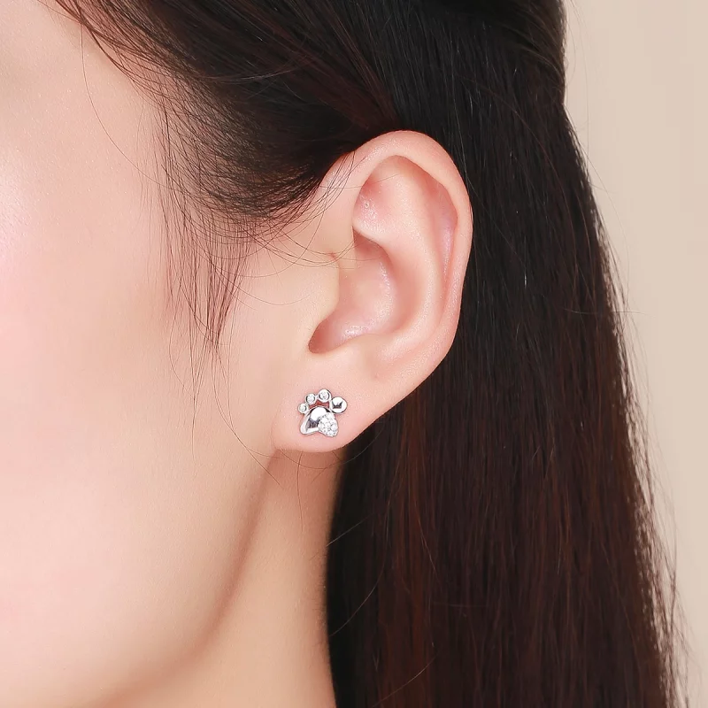 (image pour) Clous d'Oreilles Style PANDORA Empreintes de pas mignonnes de chaton anti-allerg - Afficher 6