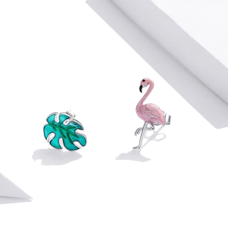 (image pour) Clous d'Oreilles Style PANDORA Feuille & Flamants Roses - SCE1124 - Afficher 2