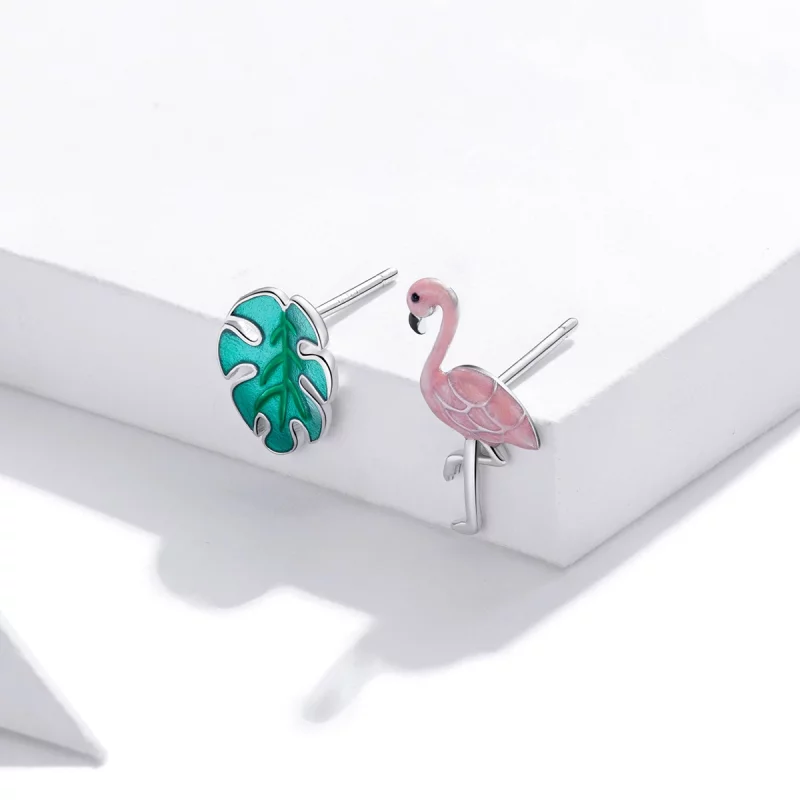 (image pour) Clous d'Oreilles Style PANDORA Feuille & Flamants Roses - SCE1124 - Afficher 3