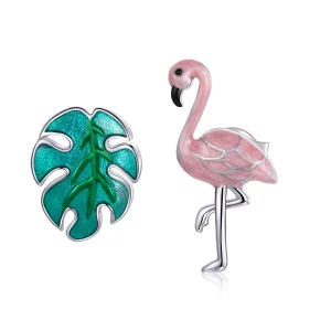Clous d'Oreilles Style PANDORA Feuille & Flamants Roses - SCE1124 (image pour) Clous d'Oreilles Style PANDORA Feuille & Flamants Roses - SCE1124