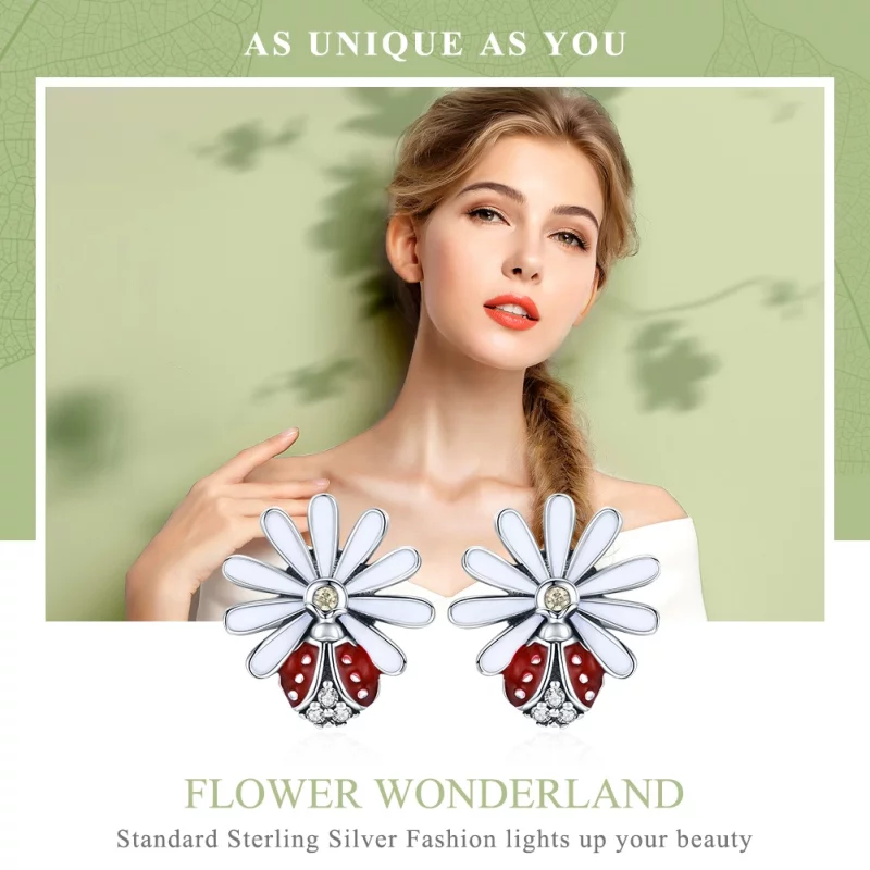 (image pour) Clous d'Oreilles Style PANDORA Fleur & Coccinelle - SCE459 - Afficher 2