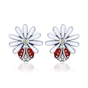 Clous d'Oreilles Style PANDORA Fleur & Coccinelle - SCE459 (image pour) Clous d'Oreilles Style PANDORA Fleur & Coccinelle - SCE459