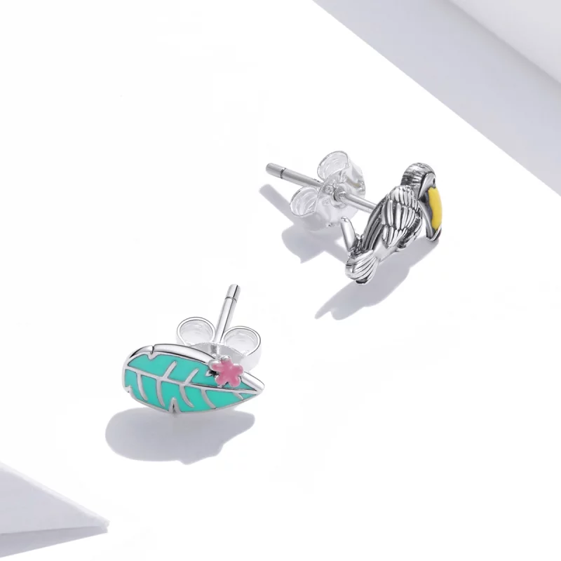(image pour) Clous d'Oreilles Style PANDORA Grand oiseau et feuille à bec - SCE1083 - Afficher 2