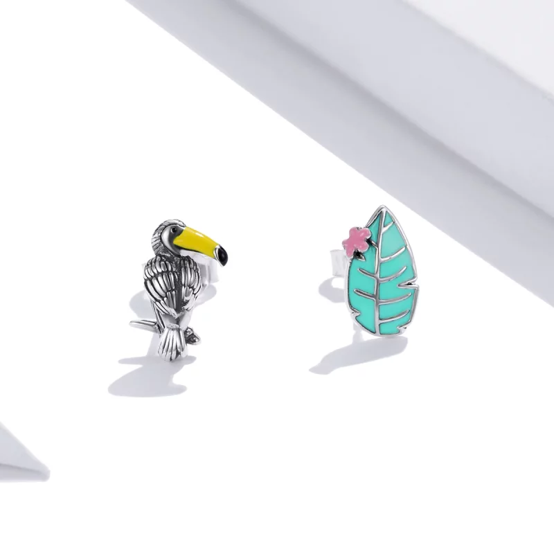 (image pour) Clous d'Oreilles Style PANDORA Grand oiseau et feuille à bec - SCE1083 - Afficher 3