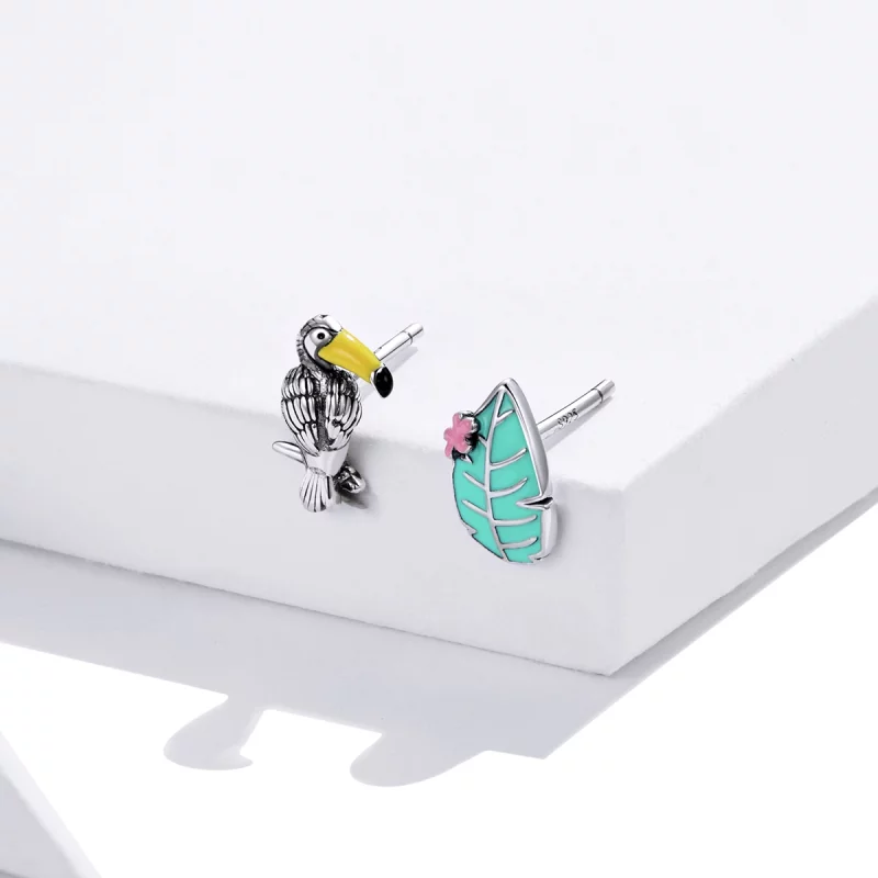(image pour) Clous d'Oreilles Style PANDORA Grand oiseau et feuille à bec - SCE1083 - Afficher 4