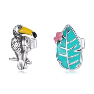 (image pour) Clous d'Oreilles Style PANDORA Grand oiseau et feuille à bec - SCE1083