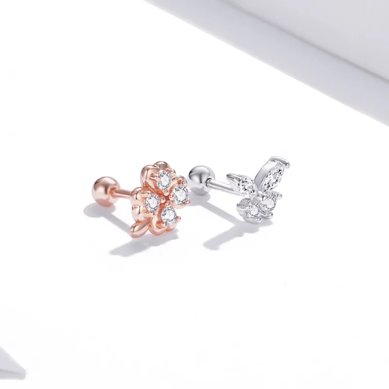 (image pour) Clous d'Oreilles Style PANDORA Herbe chanceuse et papillons Bicolore - SCE1008 - Afficher 3