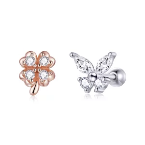(image pour) Clous d'Oreilles Style PANDORA Herbe chanceuse et papillons Bicolore - SCE1008