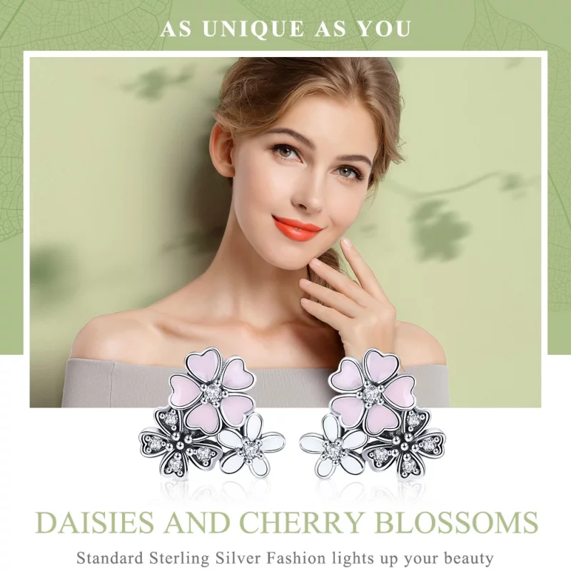 (image pour) Clous d'Oreilles Style PANDORA Marguerites et fleurs de cerisier - SCE400 - Afficher 2