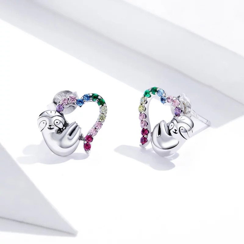 (image pour) Clous d'Oreilles Style PANDORA Petit paresseux en forme de coeur - SCE885 - Afficher 3