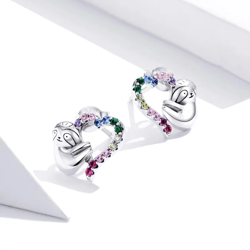(image pour) Clous d'Oreilles Style PANDORA Petit paresseux en forme de coeur - SCE885 - Afficher 4