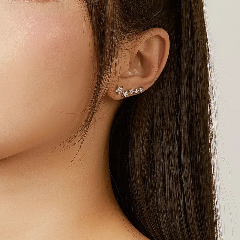 (image pour) Clous d'Oreilles Style PANDORA Étoiles sur chenilles d'oreille - BSE351 - Afficher 6