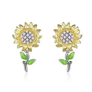Clous d'Oreilles Style PANDORA tournesol Bicolore - SCE919 (image pour) Clous d'Oreilles Style PANDORA tournesol Bicolore - SCE919