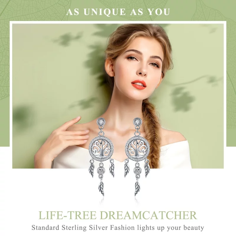 (image pour) Pendants d'Oreilles Style PANDORA Arbre de vie et capteur de rêves - SCE457 - Afficher 2