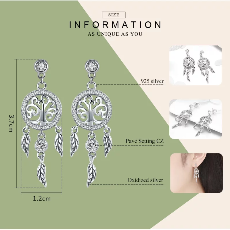 (image pour) Pendants d'Oreilles Style PANDORA Arbre de vie et capteur de rêves - SCE457 - Afficher 3