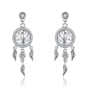 Pendants d'Oreilles Style PANDORA Arbre de vie et capteur de rêves - SCE457 (image pour) Pendants d'Oreilles Style PANDORA Arbre de vie et capteur de rêves - SCE457