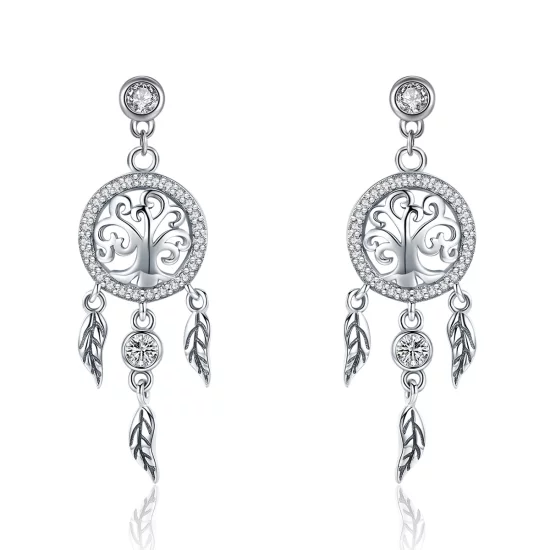 (image pour) Pendants d'Oreilles Style PANDORA Arbre de vie et capteur de rêves - SCE457