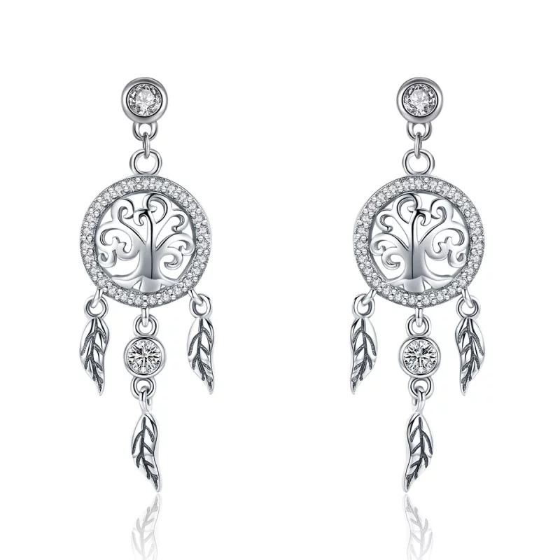 (image pour) Pendants d'Oreilles Style PANDORA Arbre de vie et capteur de rêves - SCE457