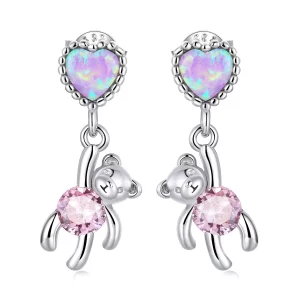 Boucles d'oreilles pendantes de style Pandora avec un ours amoureux - SCE1384 (image pour) Boucles d'oreilles pendantes de style Pandora avec un ours amoureux - SCE1384