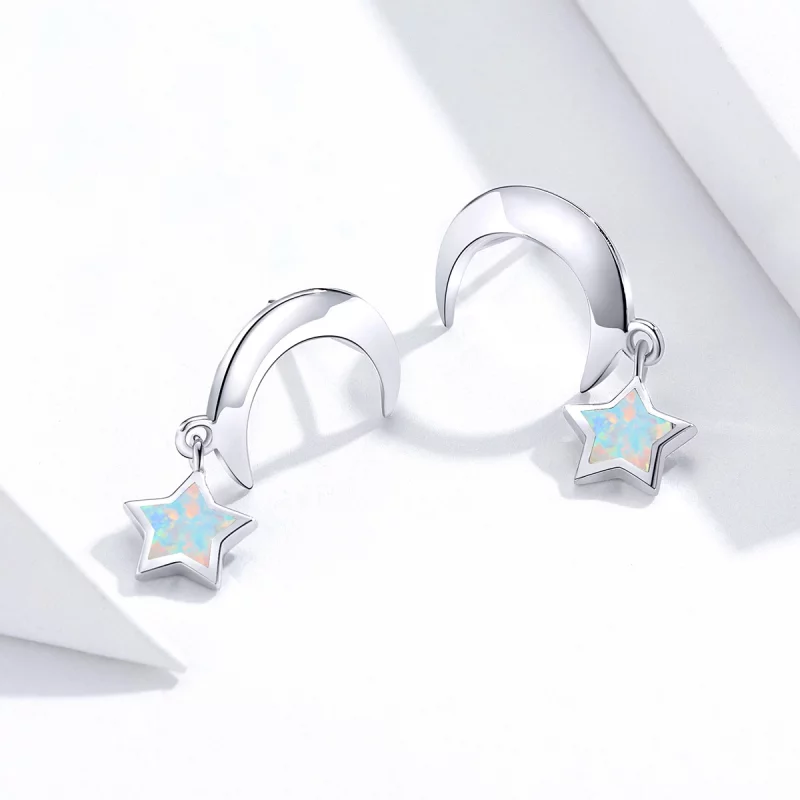 (image pour) Boucles d'oreilles pendantes en opale style Pandora avec lune et étoile - SCE707 - Afficher 2