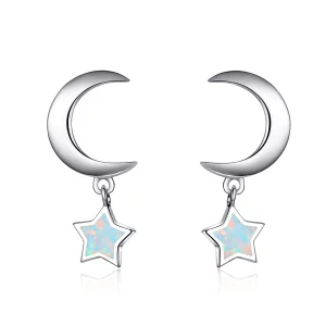 Boucles d'oreilles pendantes en opale style Pandora avec lune et étoile - SCE707 (image pour) Boucles d'oreilles pendantes en opale style Pandora avec lune et étoile - SCE707