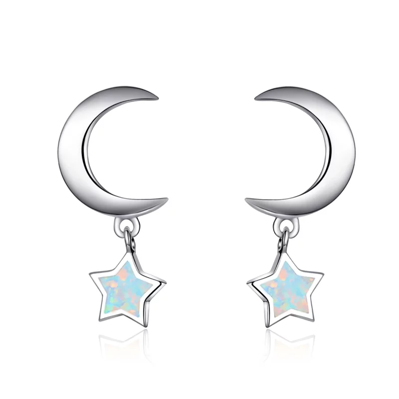 (image pour) Boucles d'oreilles pendantes en opale style Pandora avec lune et étoile - SCE707
