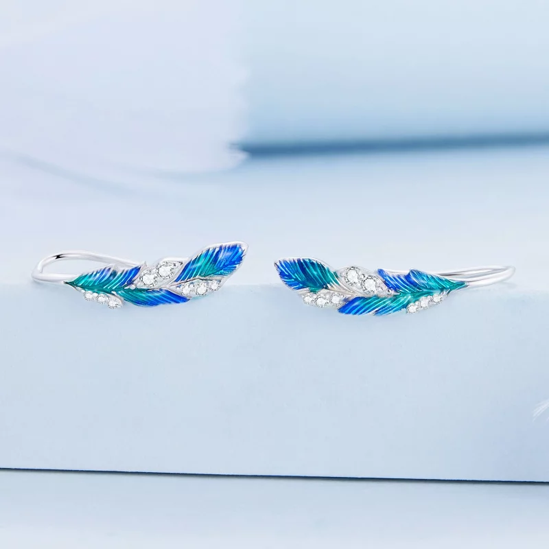 (image pour) Boucles d'oreilles pendantes en plume bleue éblouissante de style Pandora - BSE7 - Afficher 2