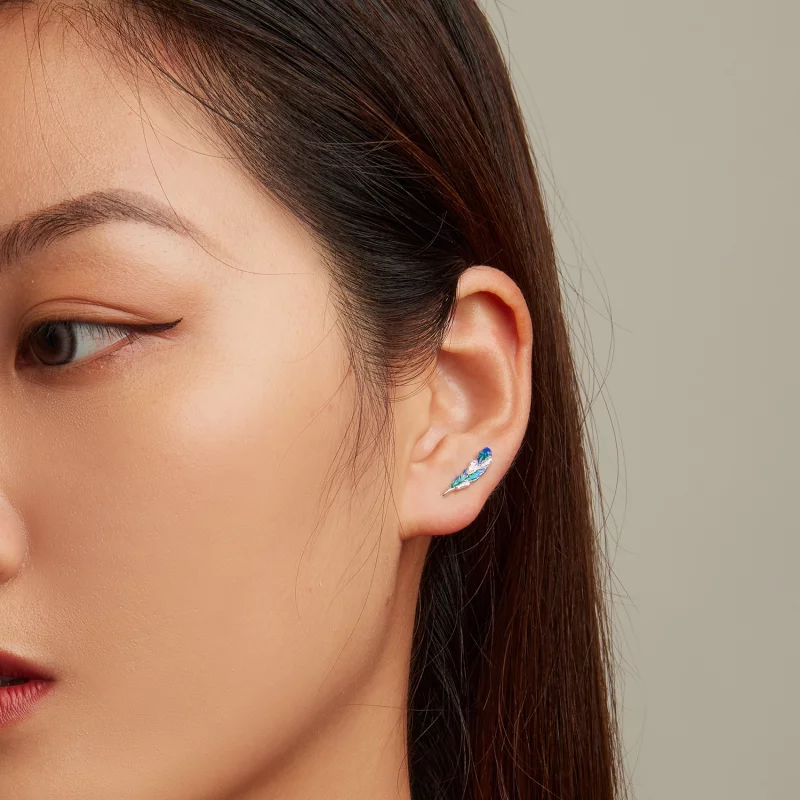 (image pour) Boucles d'oreilles pendantes en plume bleue éblouissante de style Pandora - BSE7 - Afficher 7