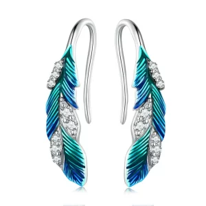 Boucles d'oreilles pendantes en plume bleue éblouissante de style Pandora - BSE707 (image pour) Boucles d'oreilles pendantes en plume bleue éblouissante de style Pandora - BSE707