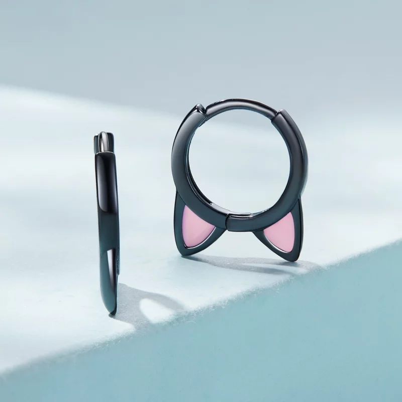 (image pour) Boucles d'oreilles à anneaux avec des oreilles de chat noires de style Pandora - - Afficher 2