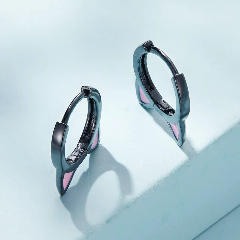 (image pour) Boucles d'oreilles à anneaux avec des oreilles de chat noires de style Pandora - - Afficher 3