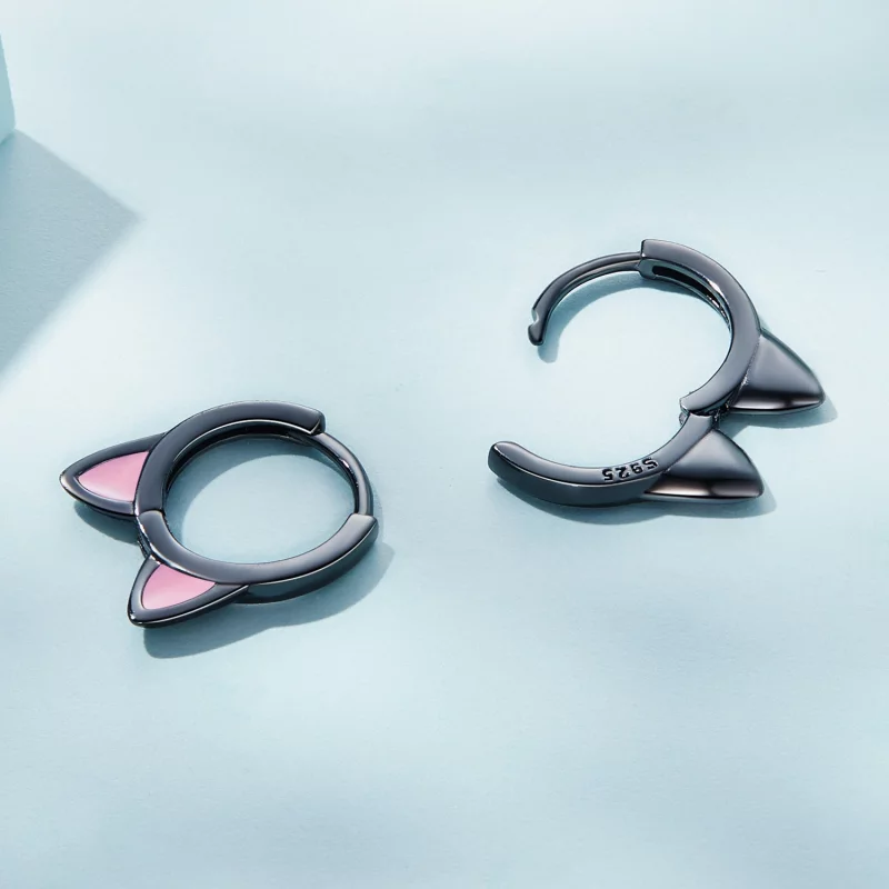 (image pour) Boucles d'oreilles à anneaux avec des oreilles de chat noires de style Pandora - - Afficher 4