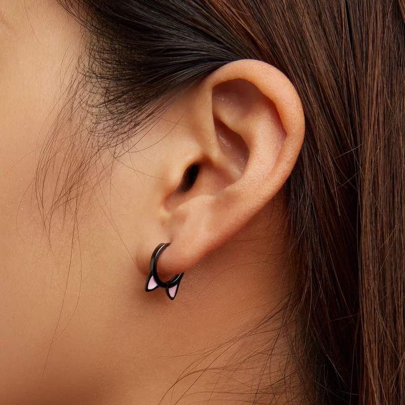 (image pour) Boucles d'oreilles à anneaux avec des oreilles de chat noires de style Pandora - - Afficher 7