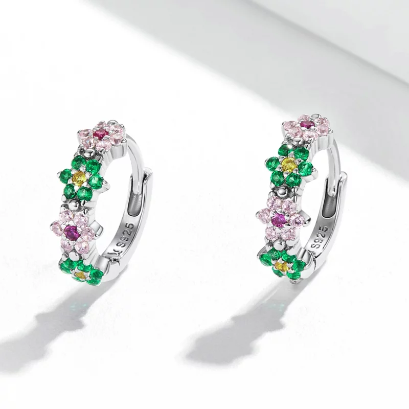 (image pour) Boucles d'oreilles à anneaux délicates de style Pandora avec des fleurs - SCE132 - Afficher 2