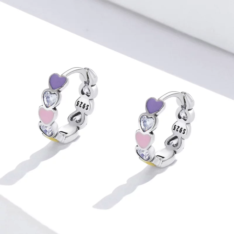 (image pour) Boucles d'oreilles à anneaux en forme de cœur arc-en-ciel de style Pandora - SCE - Afficher 2