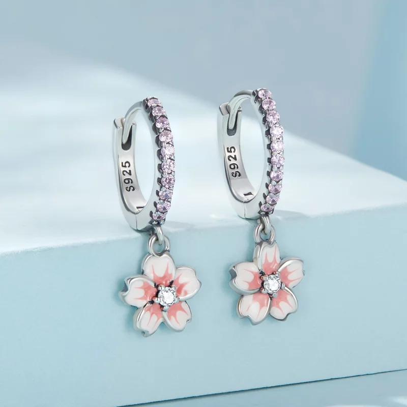 (image pour) Boucles d'oreilles à cerceau style Pandora avec motifs de fleurs de cerisier - S - Afficher 2
