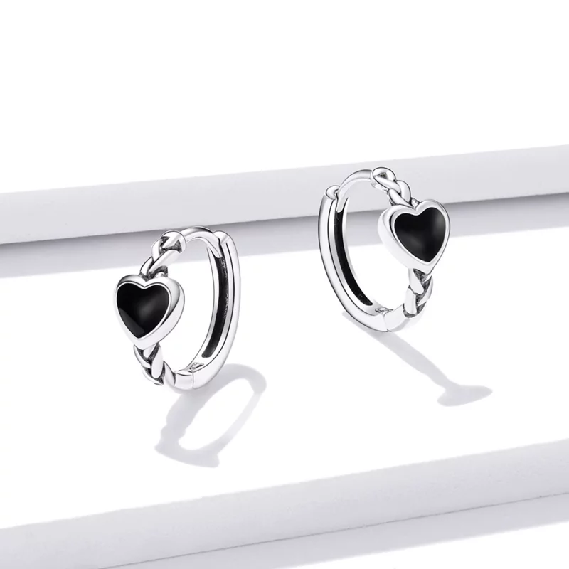 (image pour) Boucles d'oreilles à créoles en forme de cœur noir style Pandora - BSE456 - Afficher 2